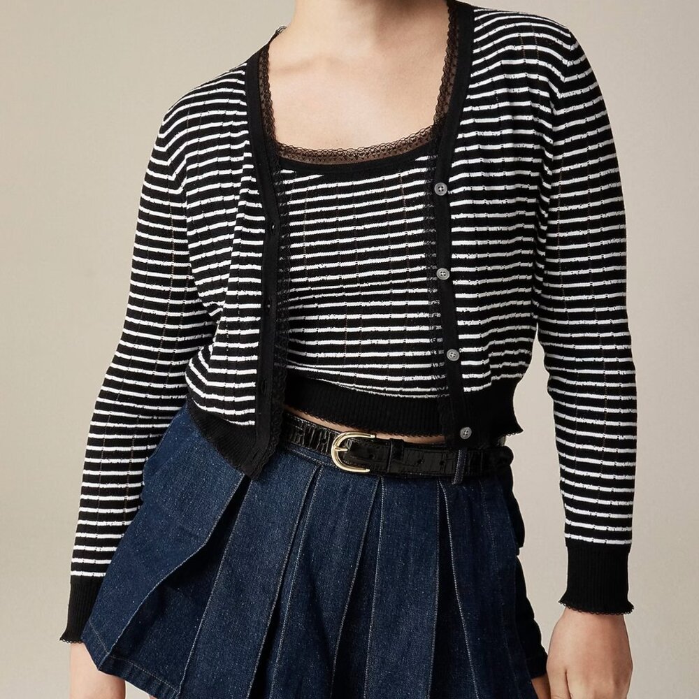NWOT J Crew Black Stripe Cropped Pointelle Cotton Sweater Tank Set Medium